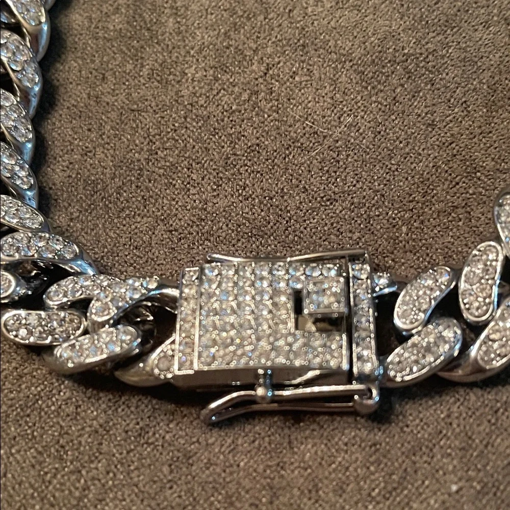 Men’s Hip-Hop Necklace and Bracelet Iced Cuban Link in Silvertone w/Rhinestone